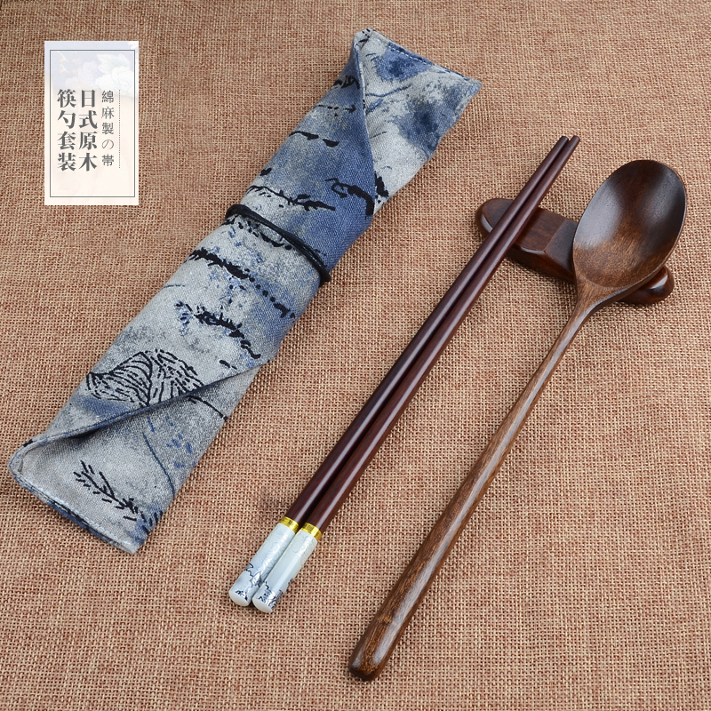 日式筷子套装木质餐具学生三件套创意成人户外旅行便携餐具古风水墨 古风水墨【带筷架】