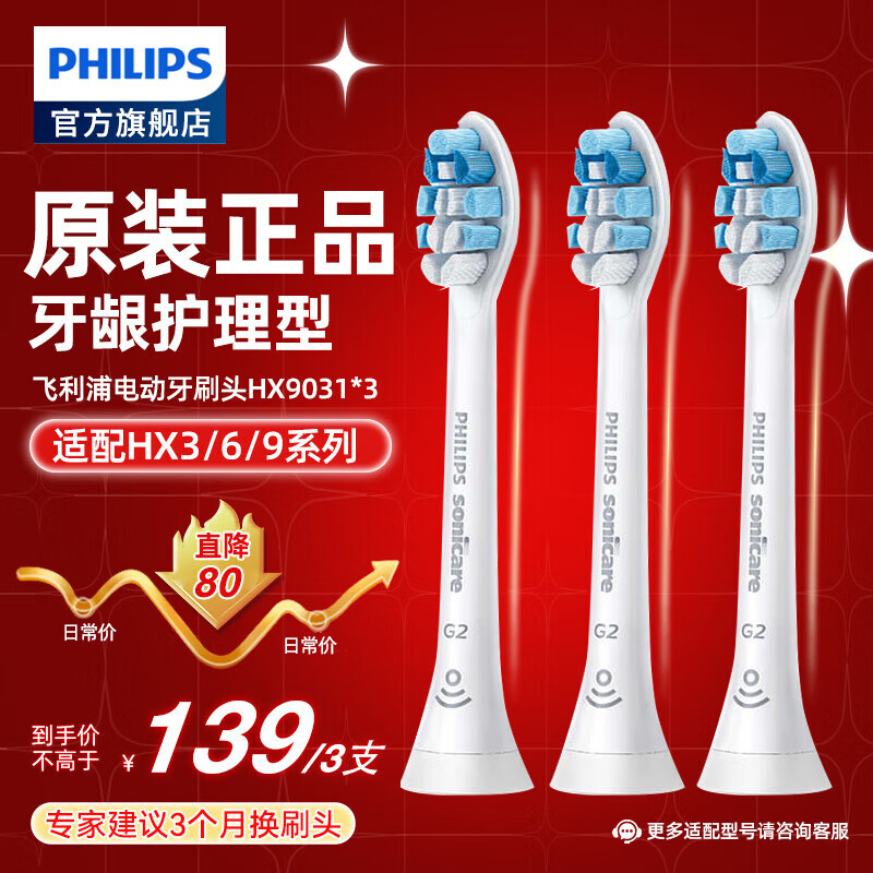 飞利浦（PHILIPS） 电动牙刷头适配HX6511/HX6730/HX6761/3226 HX9031 G2牙龈护理型 3支