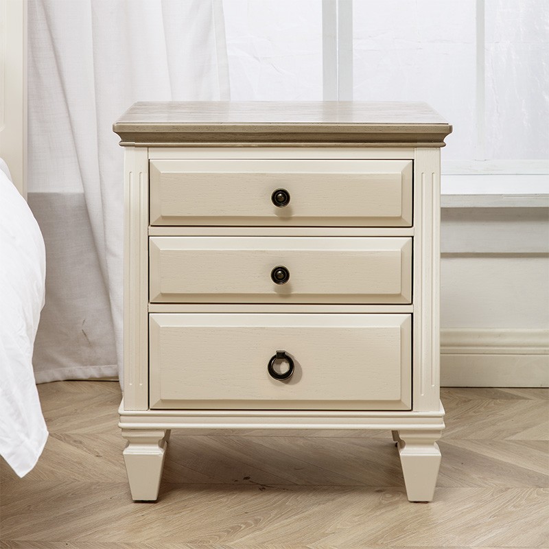 老酋长美式全实木三抽床头柜纯实木原木卧室实家具白色床边柜储物小斗