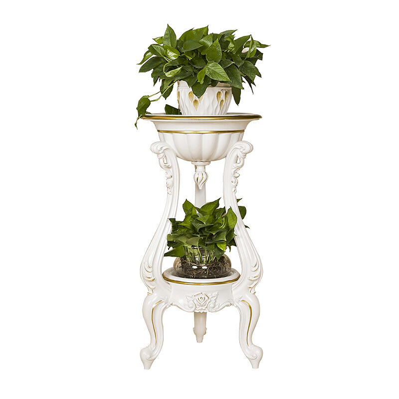 欧式简约花架阳台花盆架子多层客厅花架落地白色仿实木花盆Tnukk 81高圆纯白描银