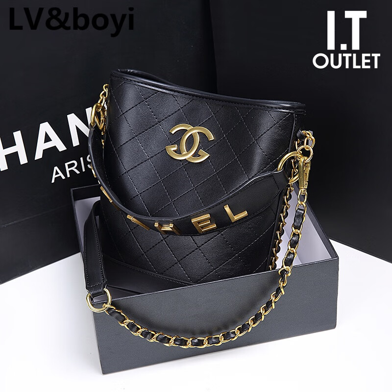 lvboyi包包水桶包包2023新款小香风菱格链条时尚百搭单肩斜挎包 黑色