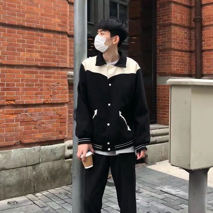 昂榆江浙沪穿搭外套男秋冬潮牌皮黑白拼接棒球服百搭宽松休闲 拼皮