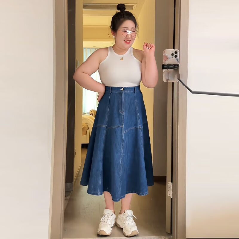裙子2-300斤大码牛仔半身裙女春秋胖mm显瘦 蓝色 2 建议【130-160斤】