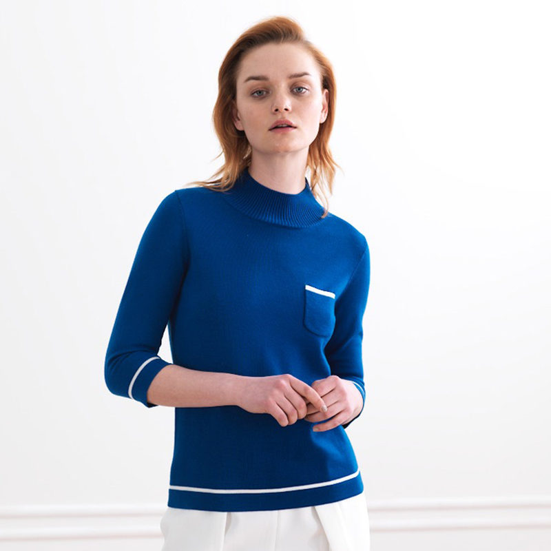 白领 羊毛 立领拼白边中袖针织衫zhwoo19-201 孔雀兰 160/m