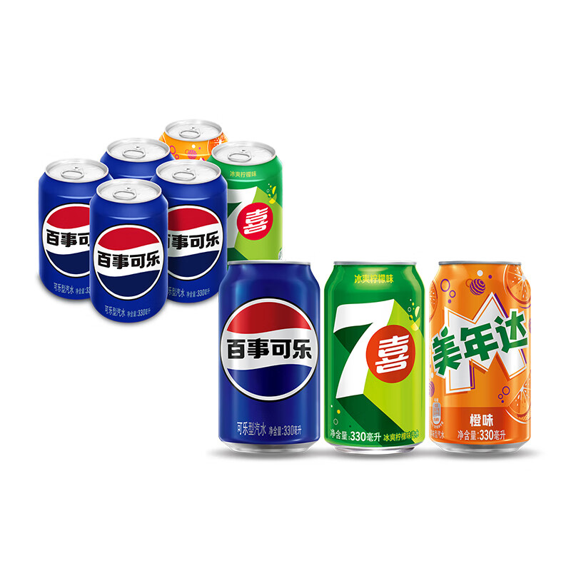 pepsi 百事 可乐 百事/七喜/美年达（4+1+1）汽水可乐 混装330ml*6 整箱 百事出品