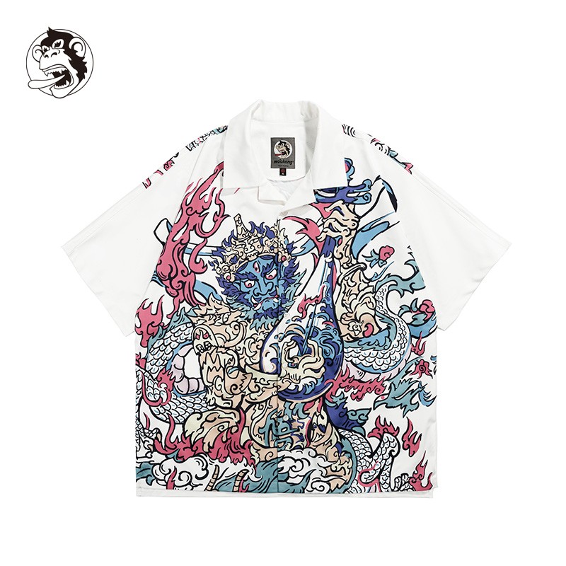 wookong悟空2021秋季新款持国天王白色印花衬衫男士短袖休闲潮 持国