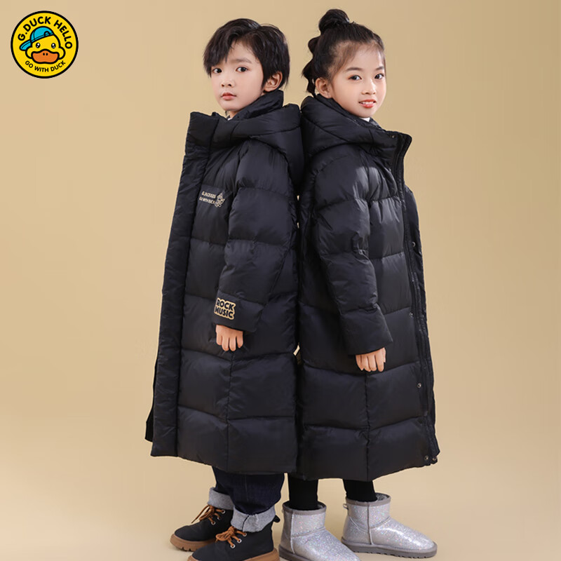 哈罗小黄鸭HAL.DUCK儿童黑金长款羽绒服男童女童过膝东北极寒亲子中大童超厚羽绒服新 黑色 120 码(建议身高110-120cm)