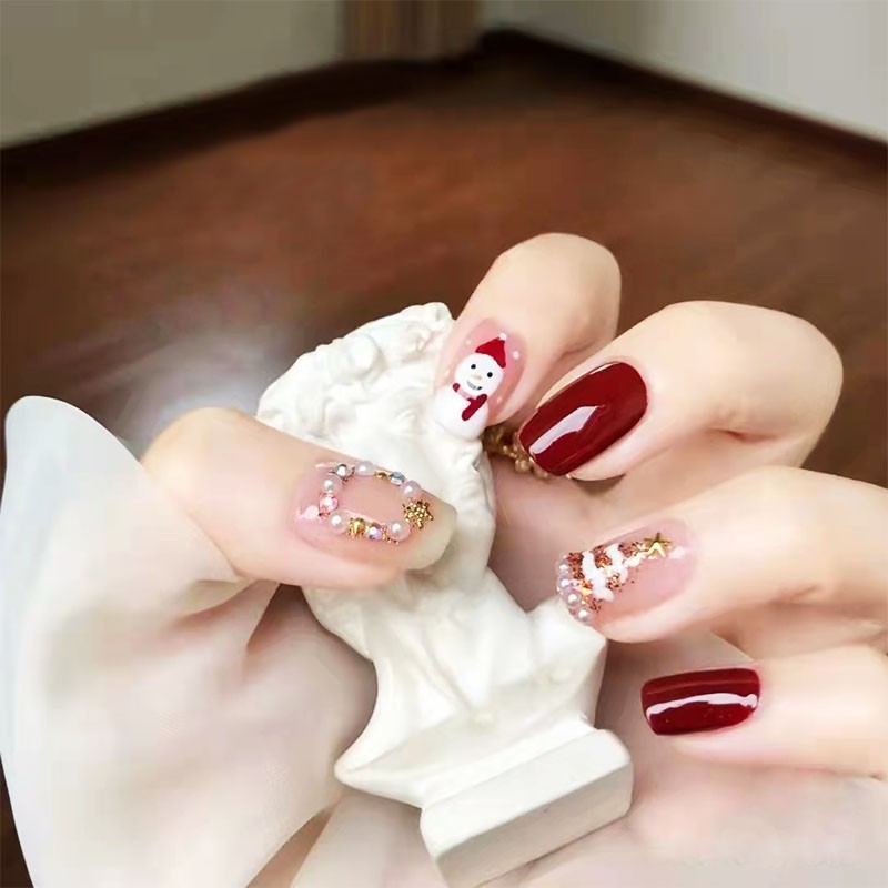 孜甲花 圣诞美甲贴片麋鹿雪人金箔手工光疗穿戴式拆卸假指甲亮片 图1