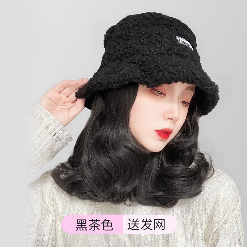 勤度适合短发戴的帽子女士假发秋冬羊羔毛带头发一体百搭时尚 黑色