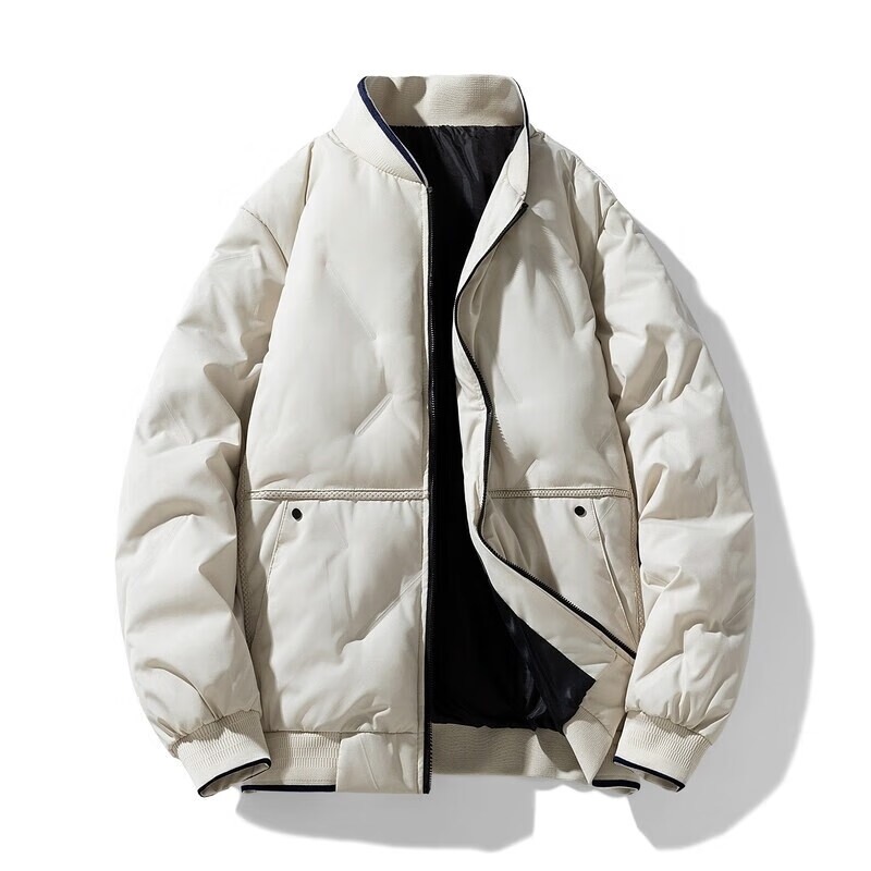 卡柏奇冬季棉服男时尚潮流加厚冬天休闲棒球领外套 米白色 M
