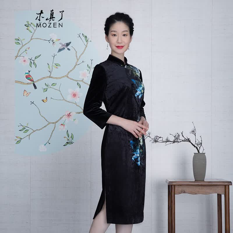 木真了旗袍中长袖中国风复古风改良中式旗袍秋冬女905 黑色 L属于什么档次？