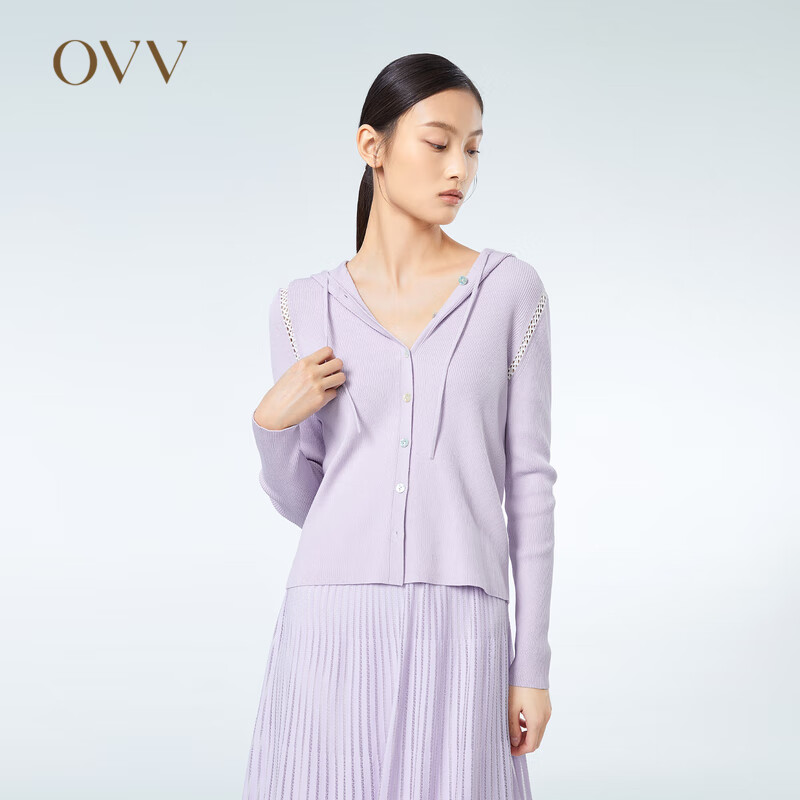 OVV春夏热卖女装棉质醋酸混纺清爽休闲连帽针织开衫外套 粉紫(净色)21 M