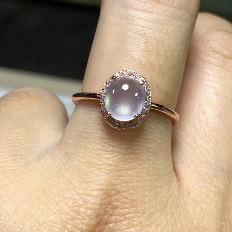 雅帝阁缅甸高冰种翡翠戒指女 白冰蛋面a货925银镀金镶玉石指环活口 石