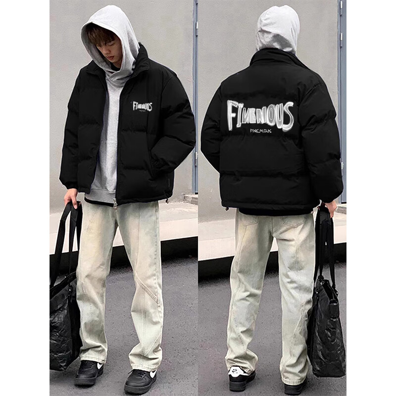 勤記綿襖男羽絨服年輕人美式高街黑色羽絨綿服男冬季加厚服設(shè)計感背后 黑色商城品質(zhì)版[/不臃腫/美 S
