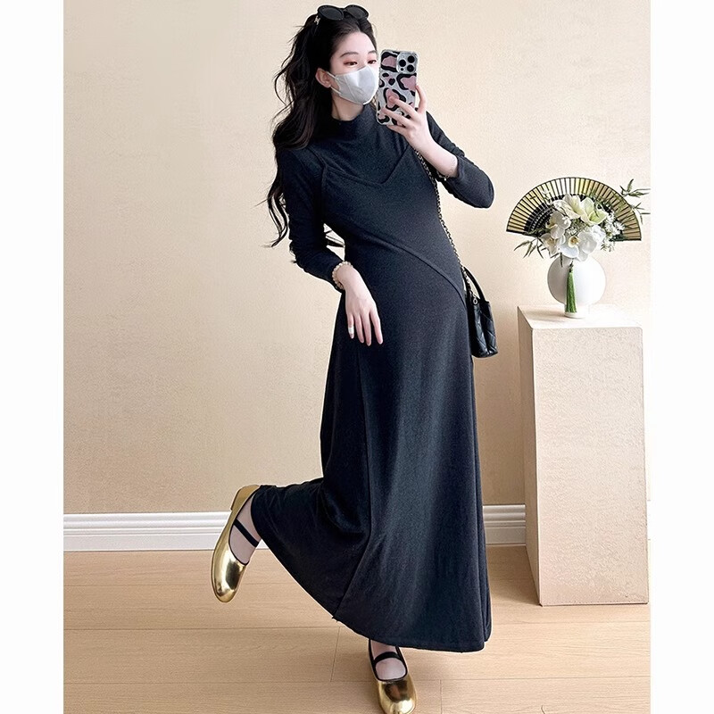 秋冬孕妇秋装连衣裙2024新款时尚洋气法式假两针织长裙 花黑色连衣裙