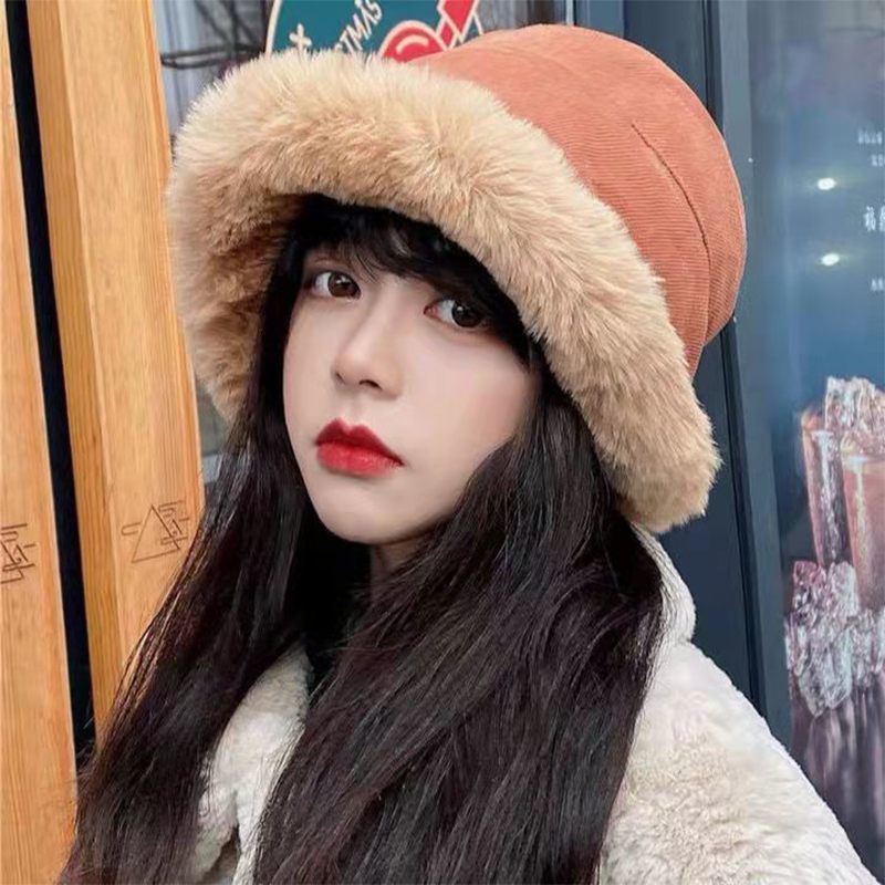诗莱寇 网红款帽子女冬加绒渔夫帽休闲保暖日系百搭毛绒盆帽 橘色