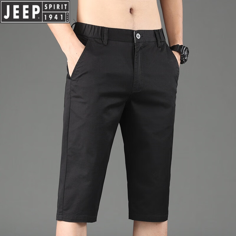 吉普（JEEP）國際品牌純棉七分褲男褲夏季薄款中褲男士休閑褲五分短褲馬褲夏天 黑色 31 :碼