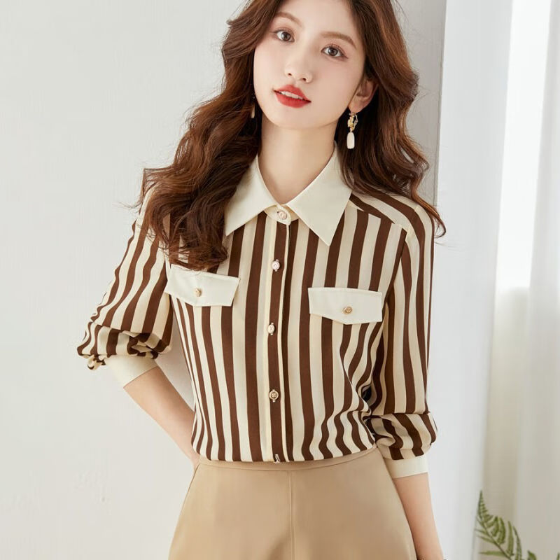 皮尔卡丹(pierrecardin)翻领条纹衬衫女春秋2024新款高级感时尚休闲