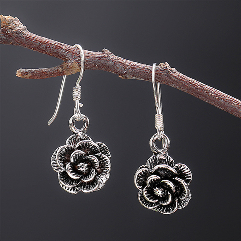 s925泰银玫瑰花耳饰女做旧复古花开富贵耳坠花朵耳环个性时尚 泰银