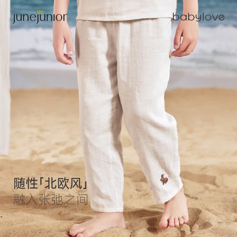 junejunior儿童短袖套装棉麻夏上衣裤子可外出家居服 麻灰色（裤子） 120 cm