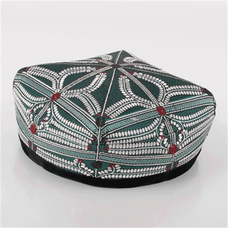 族帽子男士新疆特色花帽手工绣花刺绣平顶四角维族回族 绿色 56-57cm
