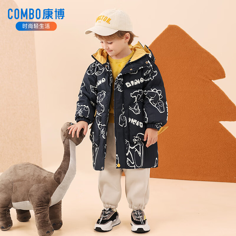 康博儿童男童羽绒服2024新款冬季小童洋气卡通宝宝加厚中长款童装外套 藏青色 140