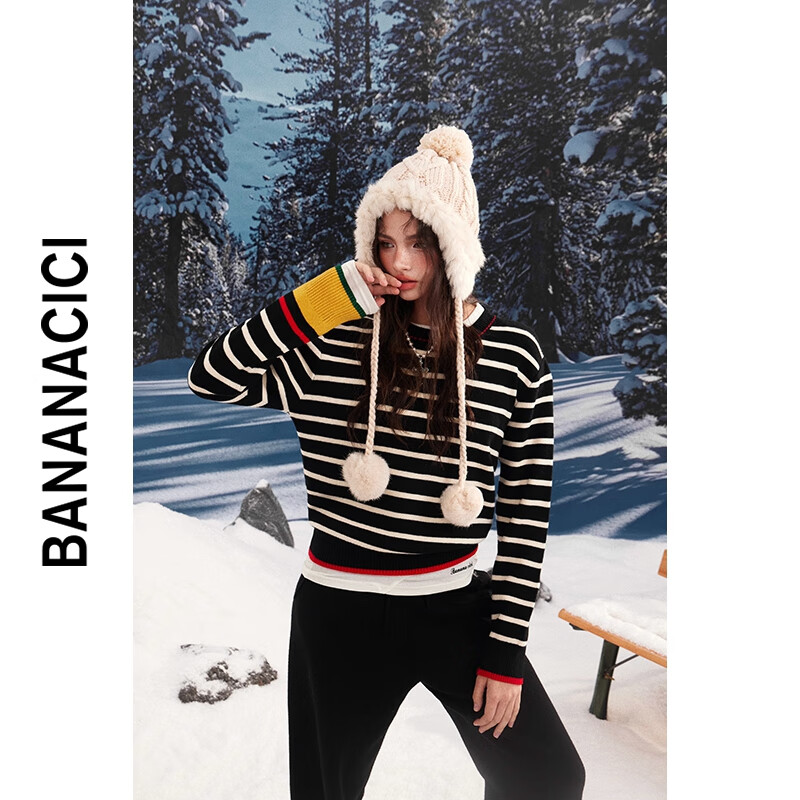 banana cici2024年冬季新款复古时髦重工撞色条纹针织衫圆领毛衣C244MY202 黑色 L