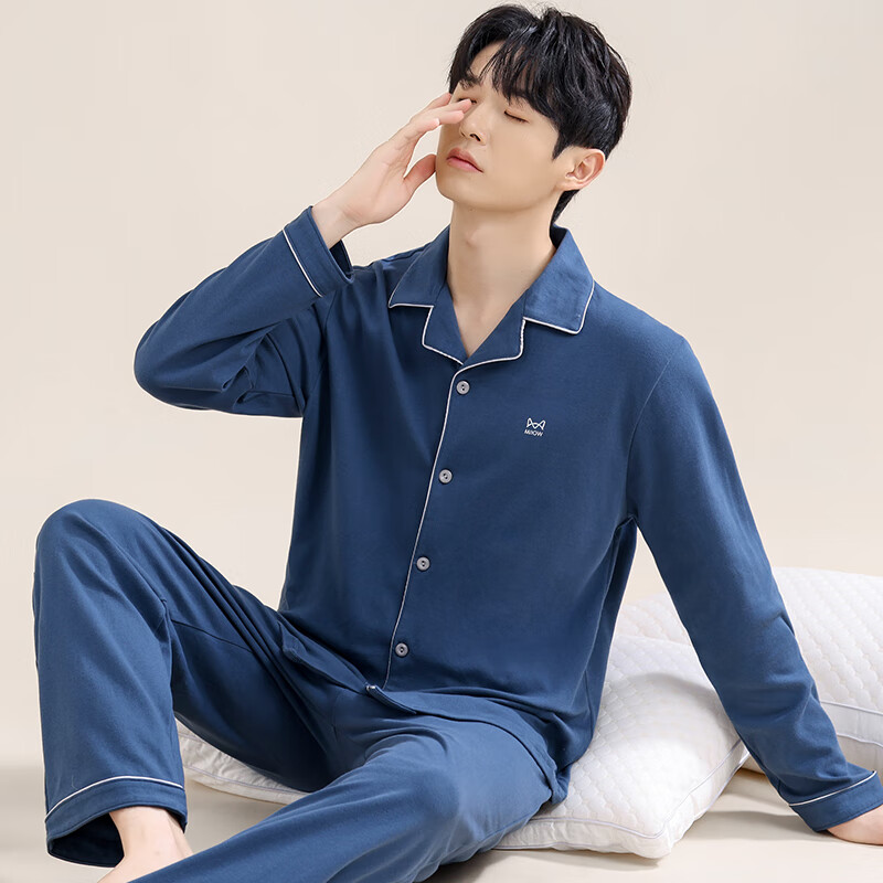 猫人纯棉家居服纽扣款 160g 云感睡衣 可外穿保暖家居服套装 深蓝 XL