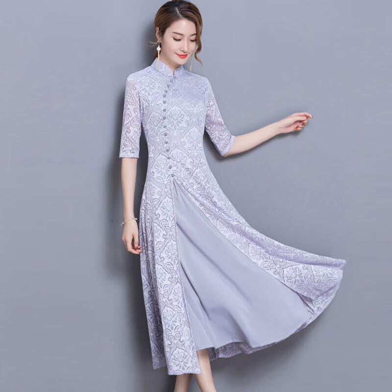 麦娅洛 越南奥黛旗袍长裙改良版中国风改良年轻款高端气质复古修 灰色