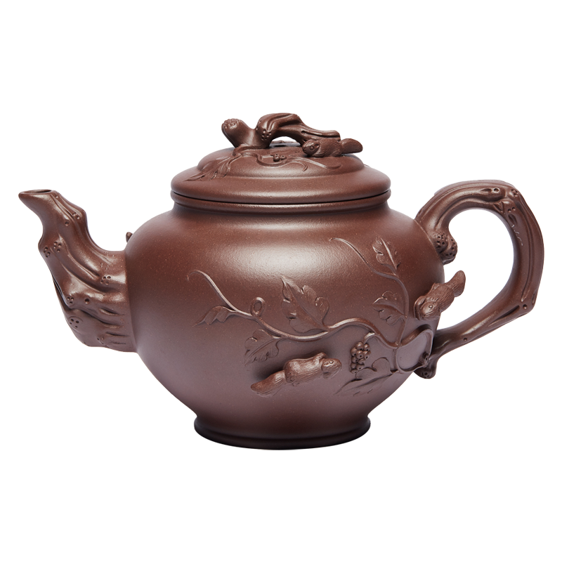尊壺 宜興紫砂壺名家手工茶具家用泡茶壺松鼠葡萄原礦泡茶器禮盒 徐克亮 松鼠葡萄 紫泥 430cc