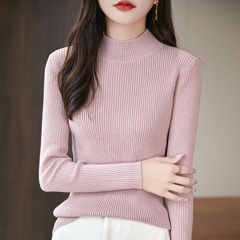 香影芬2025秋冬新款半高领棉线针织毛衣女修身内搭洋气打底衫女百搭上衣 米杏色 M (建议95-105斤)