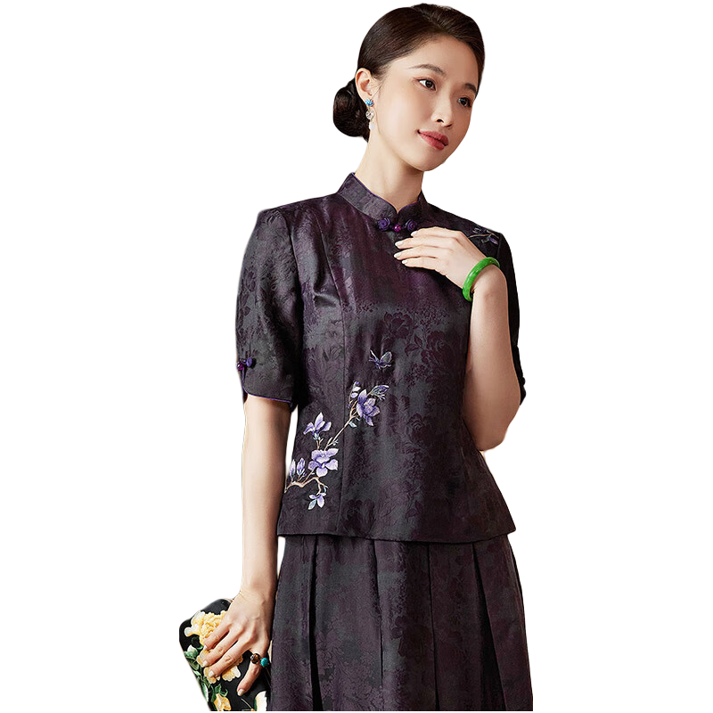璽玥2025夏新款女中國風香云紗刺繡復古百搭原創(chuàng)中式短款唐裝上衣女裝 紫色 XL (體重115~125)