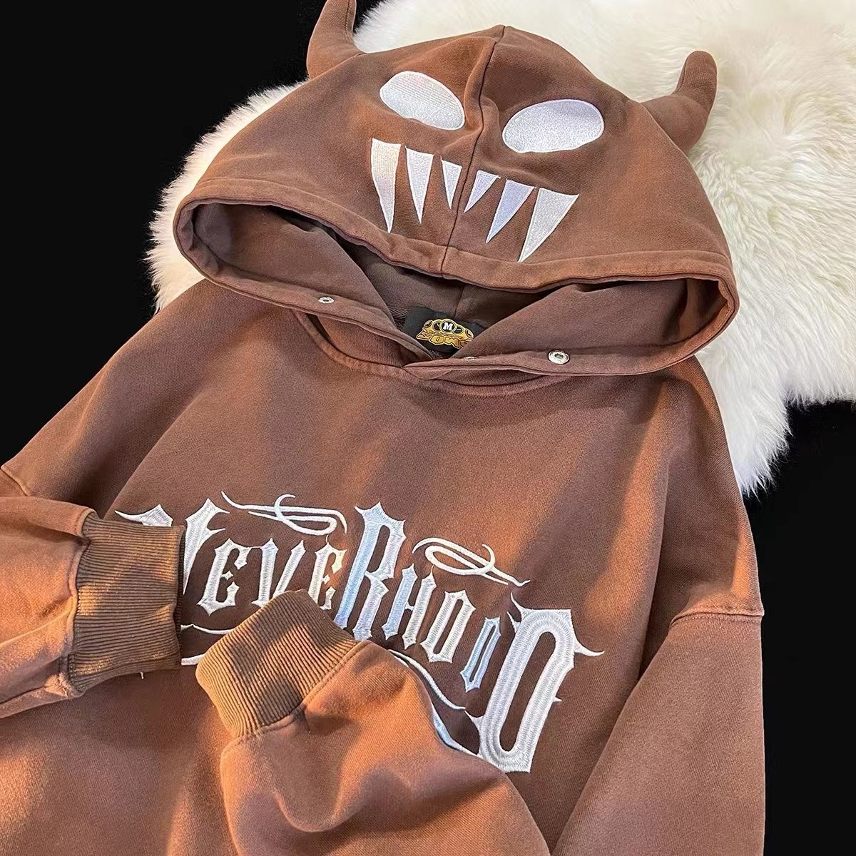 hot keke秋冬季美式个性趣味字母小恶魔连帽卫衣男宽松百搭街头情侣