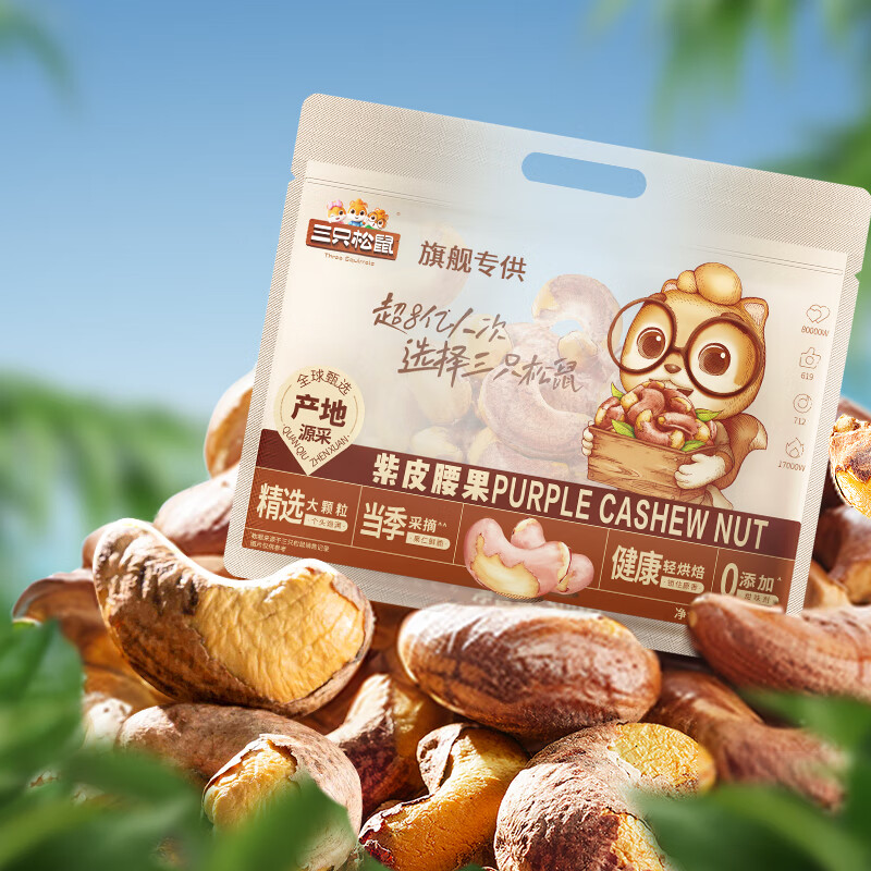 三只松鼠紫皮腰果仁带皮无添加每日坚果炒货干果休闲零食大颗粒 【热卖爆款】紫皮腰果500g