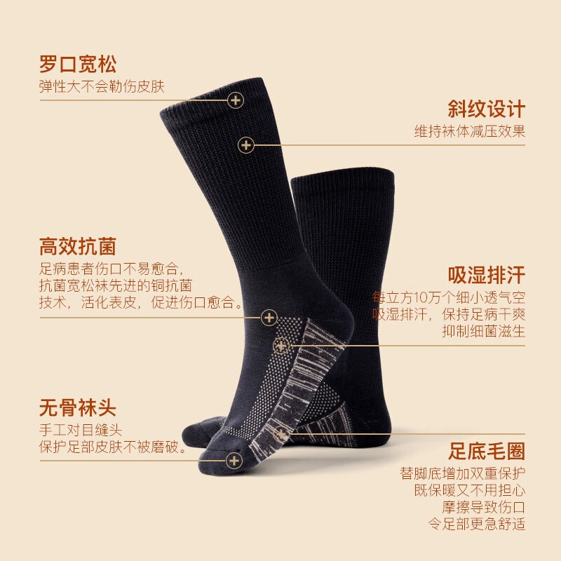 可代尔秋冬糖尿病足专用中老年宽松口袜加厚大码毛巾底脚伤肿术后中筒袜 超级宽松版米白39-44/ 1双