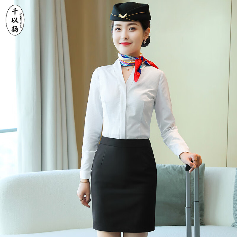 千以扬女士长袖衬衫定制南航空姐制服修身白衬衫女职业装面试正装v领