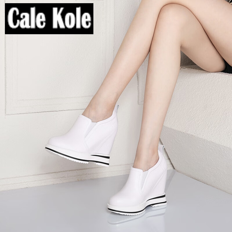 calekole轻奢真皮厚底内增高12cm女鞋小白鞋女旅游休闲小码坡跟增高鞋秋冬 黑色 40