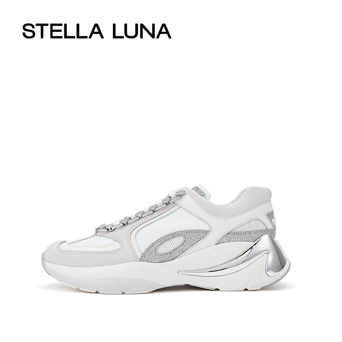 STELLA LUNA2021春季新款时尚运动低帮链条平底女单鞋钻链老爹鞋 08白色 37