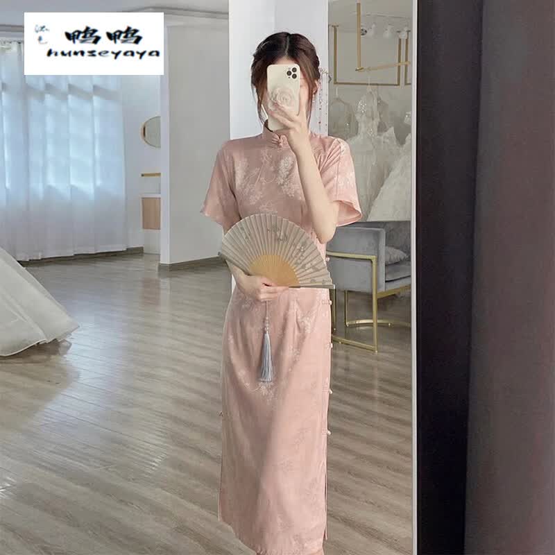 混色鸭鸭新中式改良旗袍粉色长裙女2023年夏季独特别致绝美漂亮国风连衣裙 粉《现货》 L110-130斤属于什么档次?
