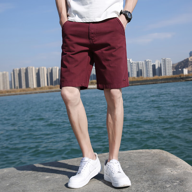 方少风春夏潮流休闲男士六分短裤青年百搭中裤男工装男裤 红色 28