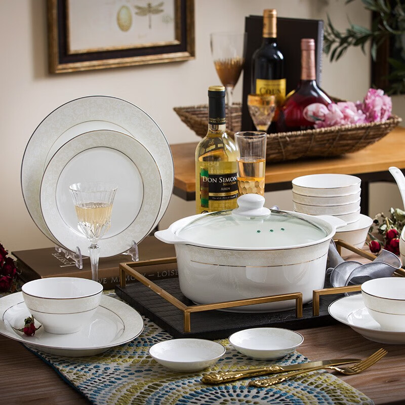 洛威  餐具套装陶瓷碗碟套装60头金雕玉琢简欧盘子碗具套装餐具