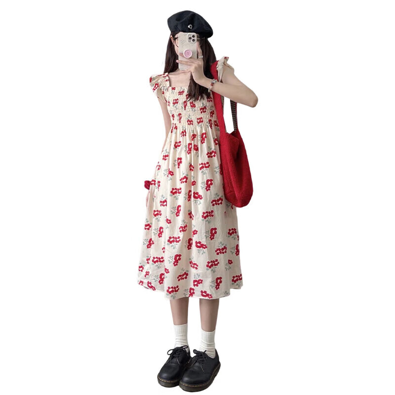智时代苏朵娅法式小飞袖碎花连衣裙女装夏季2023新款小个子梨型长 红色 M