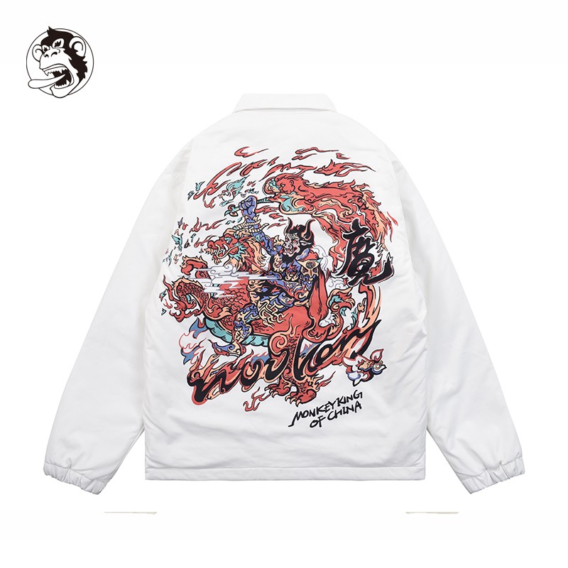 wookong悟空秋冬新品2021牛魔王贺岁款印花刺绣白色教练夹克棉服棉