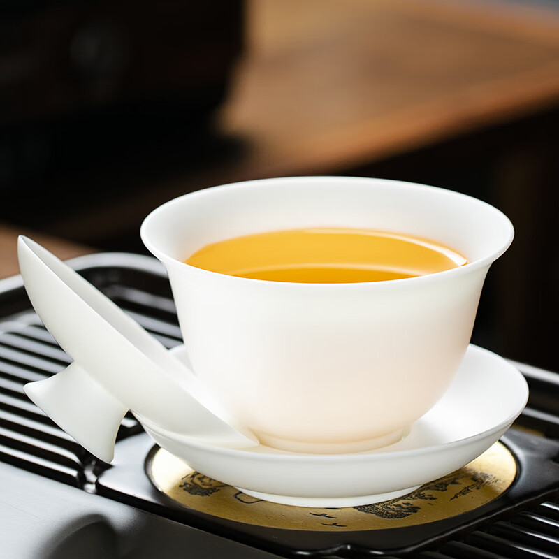 钰铨龙门 羊脂玉瓷素烧三才盖碗 德化白瓷大容量盖碗功夫茶具不烫手泡茶碗 羊脂玉瓷素烧厚盖碗(约190ml)