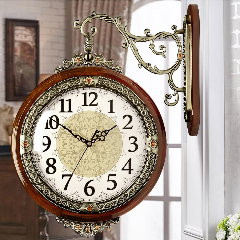 汉时（Hense） 客厅现代田园双面挂钟简约时钟中式创意两面石英钟HDS05 A款棕色