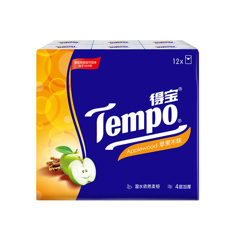 得宝（TEMPO）手帕纸4层加厚7片12包便携式小包纸巾餐巾纸可湿水面巾纸抽卫生纸 4层 7片*12包 苹果木