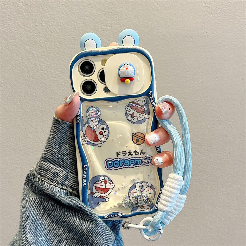 巴蒂尼 卡通哆啦A夢適用蘋果15手機殼iPhone14promax全包防摔13pro硅膠12趣味帶掛繩手腕11可愛 藍邊多只藍胖子+淺藍色長繩 iPhone 15 Pro