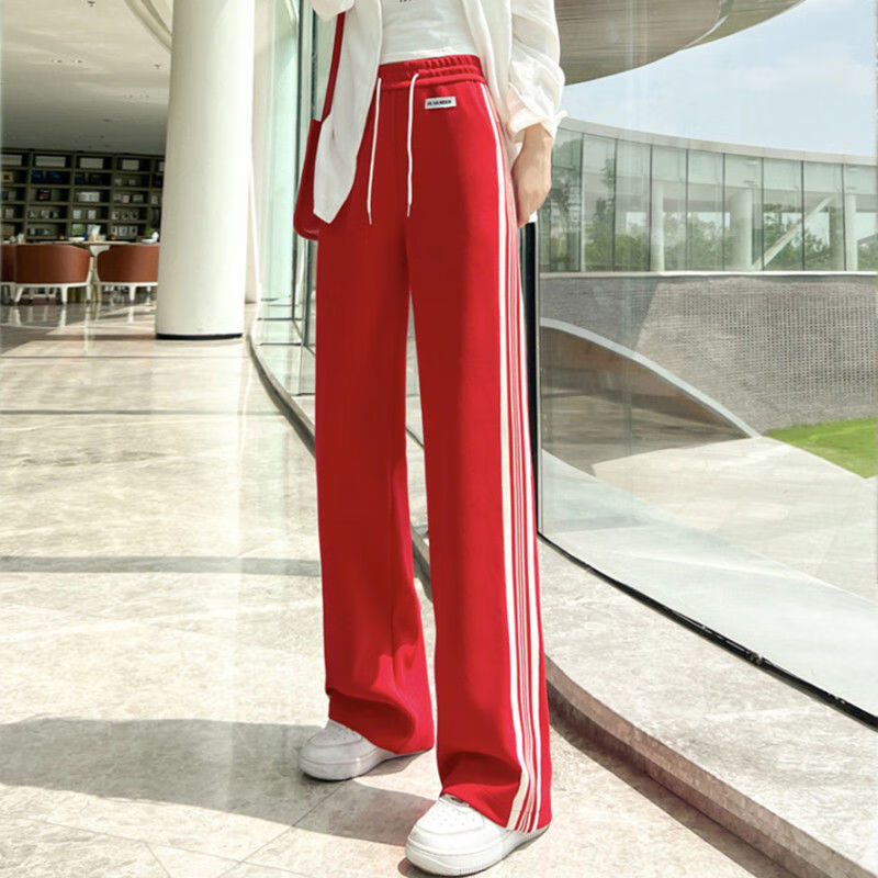 加长休闲裤女宽松加长版红色高腰阔腿裤女2022秋季条纹显瘦宽松直筒