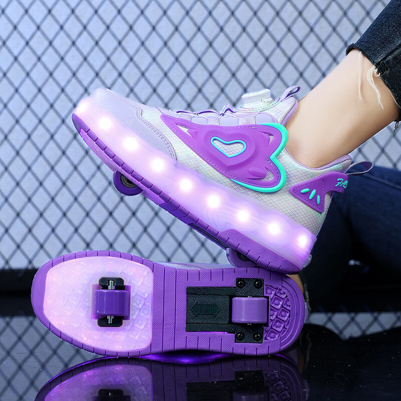 暴走鞋春季新款儿童运动鞋中大童女孩旋转纽扣亮灯轮滑鞋学生 紫色 29
