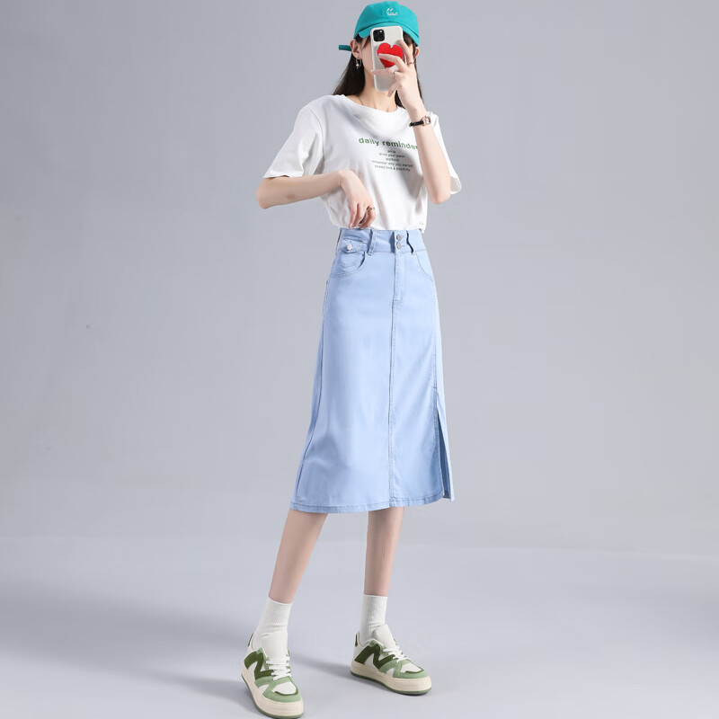 图美其开叉冰丝牛仔半身裙女夏天薄款新款莱赛尔中长款包臀牛仔裙 浅